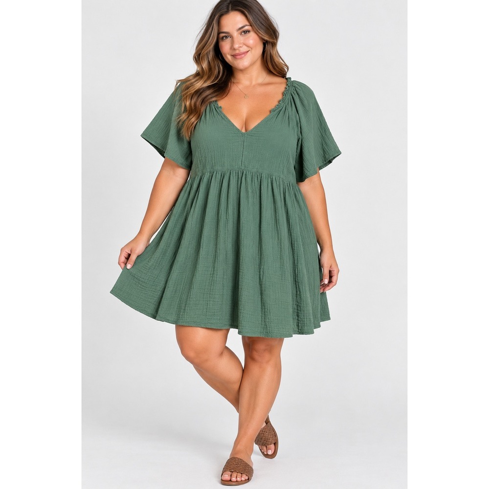 Old Navy Sage Green Gauze Babydoll Mini Dress XL V-Neck Short Sleeve Pockets